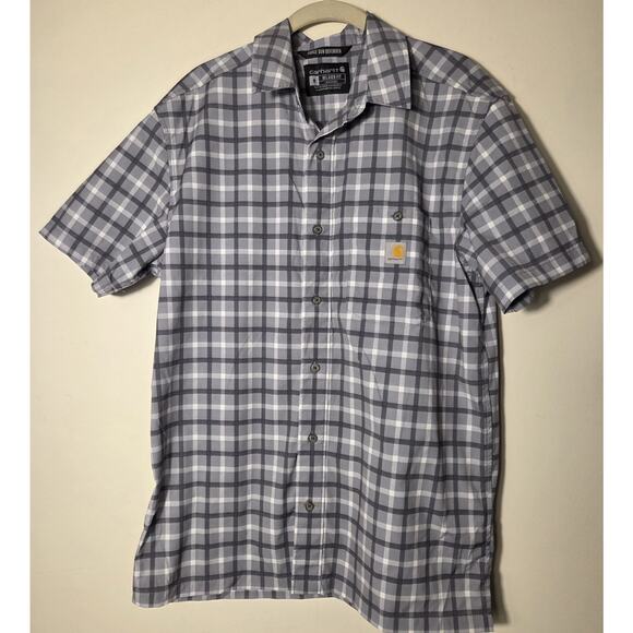 Carhartt Force Sun Defender Mens M Relaxed Fit SS Gray Plaid Shirt Sun Protect - Picture 1 of 9